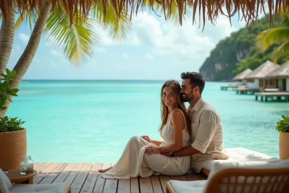 Couple en lune de miel sur un bungalow surplombant le lagon turquoise de la Guadeloupe dans un hôtel de luxe