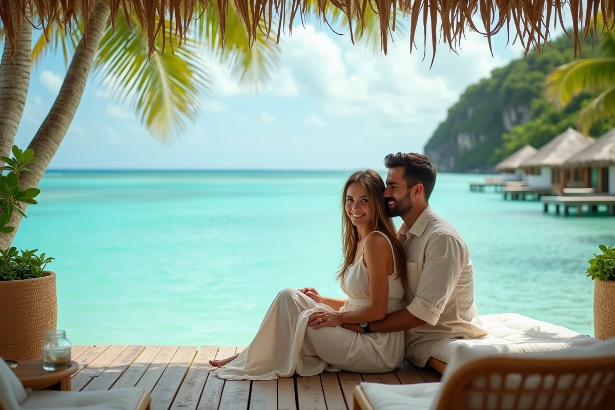 Couple en lune de miel sur un bungalow surplombant le lagon turquoise de la Guadeloupe dans un hôtel de luxe
