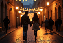 Couple marchant main dans la main au crépuscule sur une rue pavée