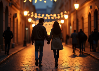 Échappée en amoureux le soir : découvrez les lieux les plus romantiques de votre ville Couple marchant main dans la main au crépuscule sur une rue pavée