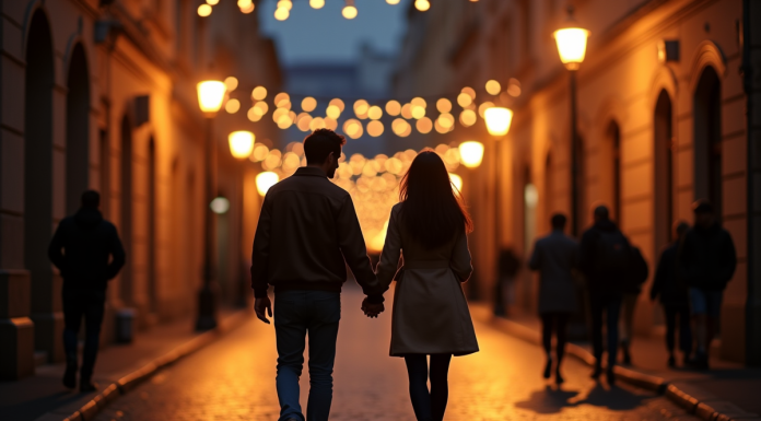 Couple marchant main dans la main au crépuscule sur une rue pavée