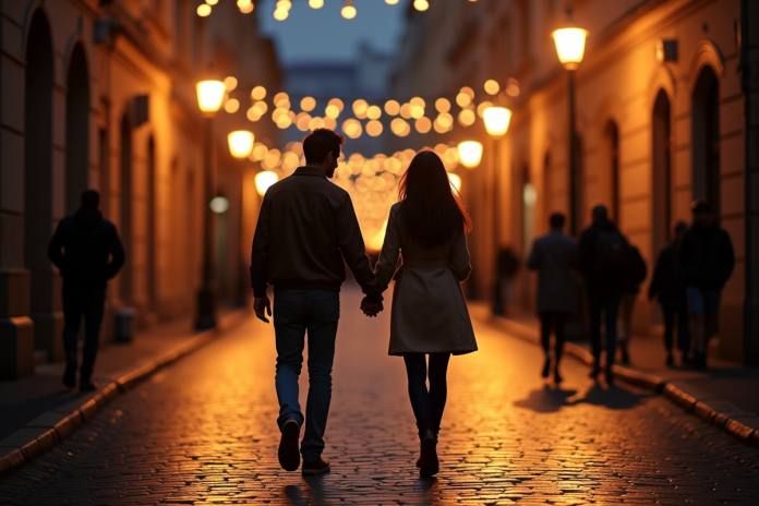 Couple marchant main dans la main au crépuscule sur une rue pavée