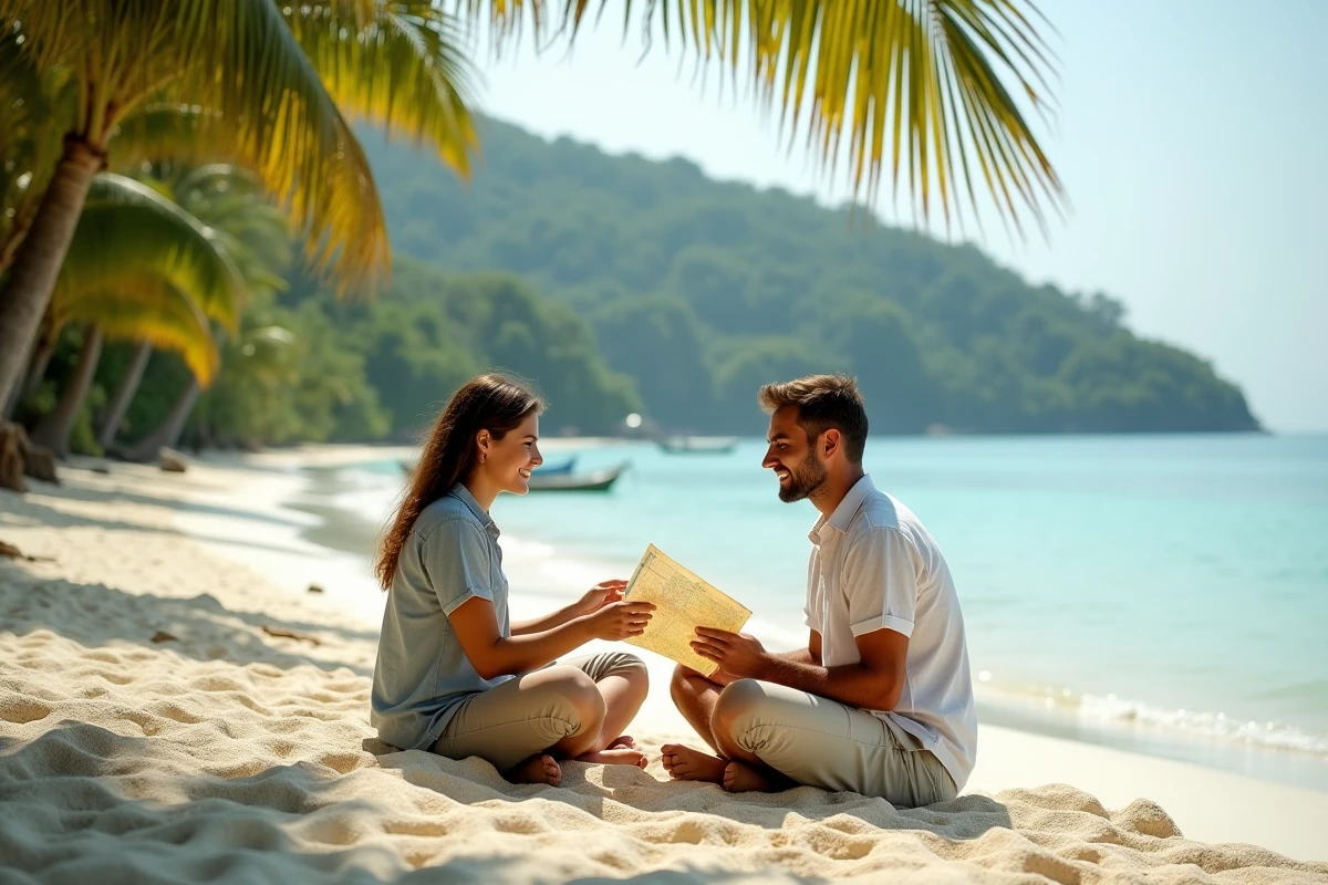 Couple consultant une carte sur une plage isolée entourée de jungle, destination hivernale méconnue