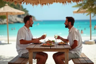 Couple détendu partageant un plateau de fruits de mer à Palombaggia