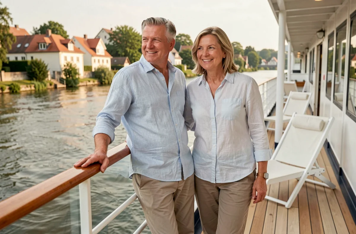Couple de voyageurs profitant du pont supérieur d'un bateau de croisière fluviale Viking