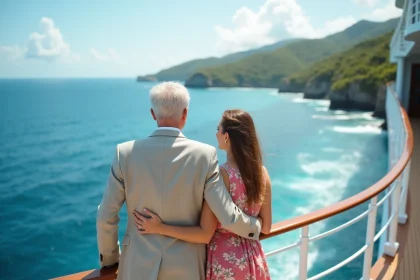 Couple élégant sur le pont avant d'un paquebot de croisière tour du monde en all inclusive