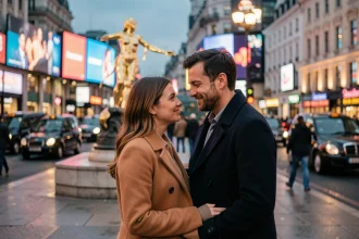 Couple romantique partageant un moment complice devant la statue d'Eros à Piccadilly Circus, Londres, au crépuscule
