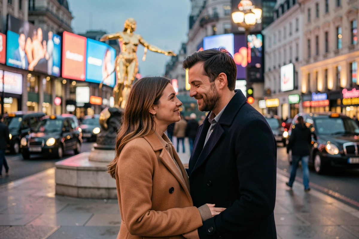 Couple romantique partageant un moment complice devant la statue d'Eros à Piccadilly Circus, Londres, au crépuscule
