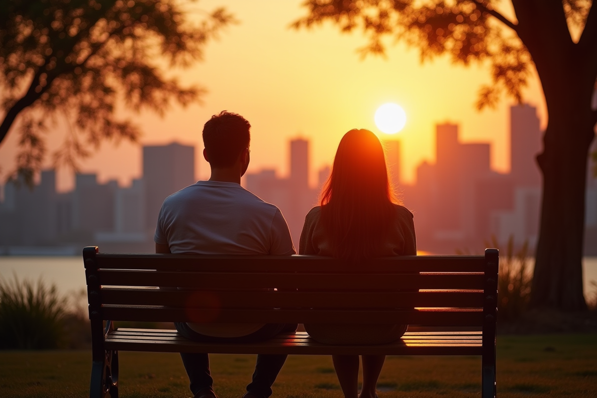 Couple assis sur un banc de parc avec vue sur la ville au coucher du soleil