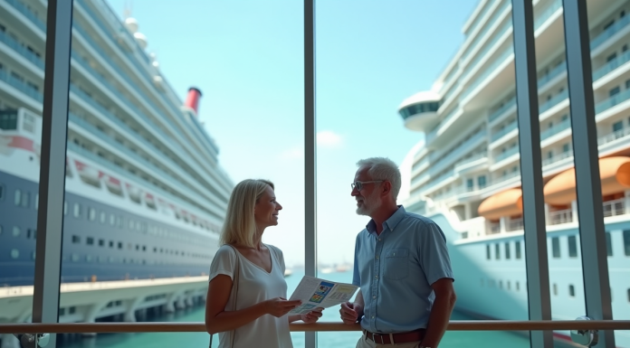 Couple regardant brochures au terminal de croisière