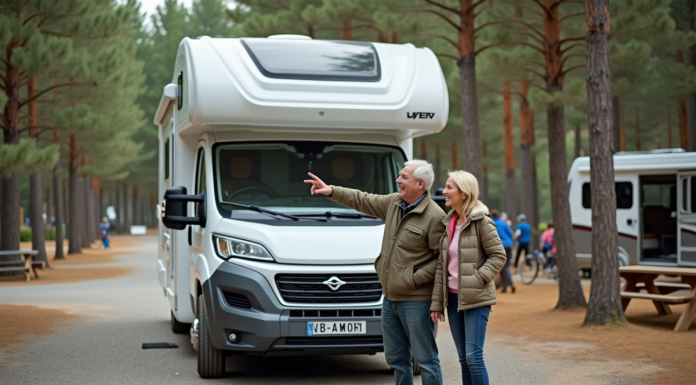 Couple souriant avec van blanc en camping nature