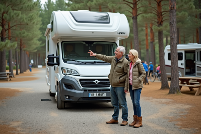 couple-van-confort-campagne Couple souriant avec van blanc en camping nature