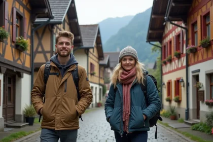 Jeune couple dans un village bavarois avec maison en bois