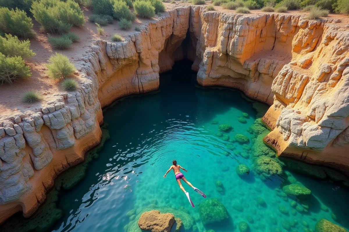 Snorkeler explorant une crique isolée et rocheuse de Rayol-Canadel avec eau cristalline et falaises méditerranéennes