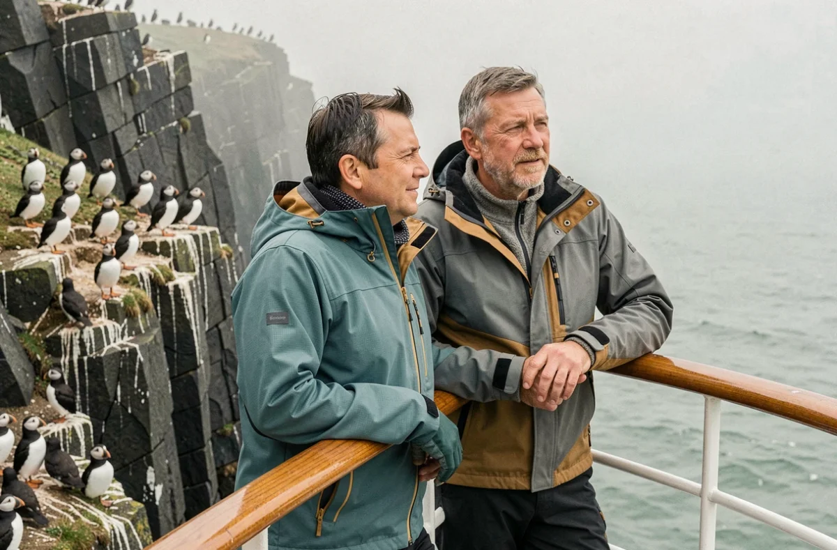 Couple de voyageurs observant des macareux sur des falaises islandaises depuis un bateau de croisière