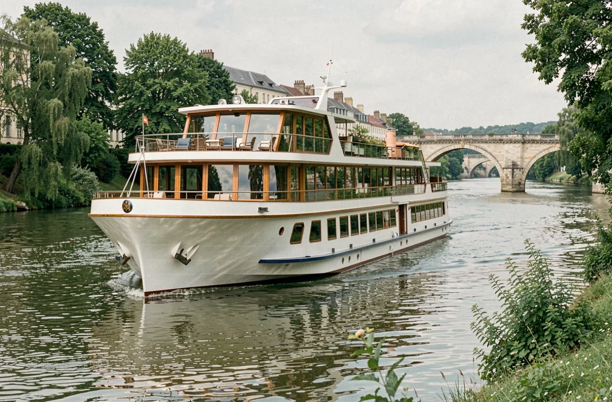 Croisière fluviale Viking sur un fleuve européen avec paysage verdoyant et pont historique