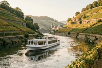 Bateau de croisière naviguant sur la Moselle entre les vignobles en terrasses et un village médiéval