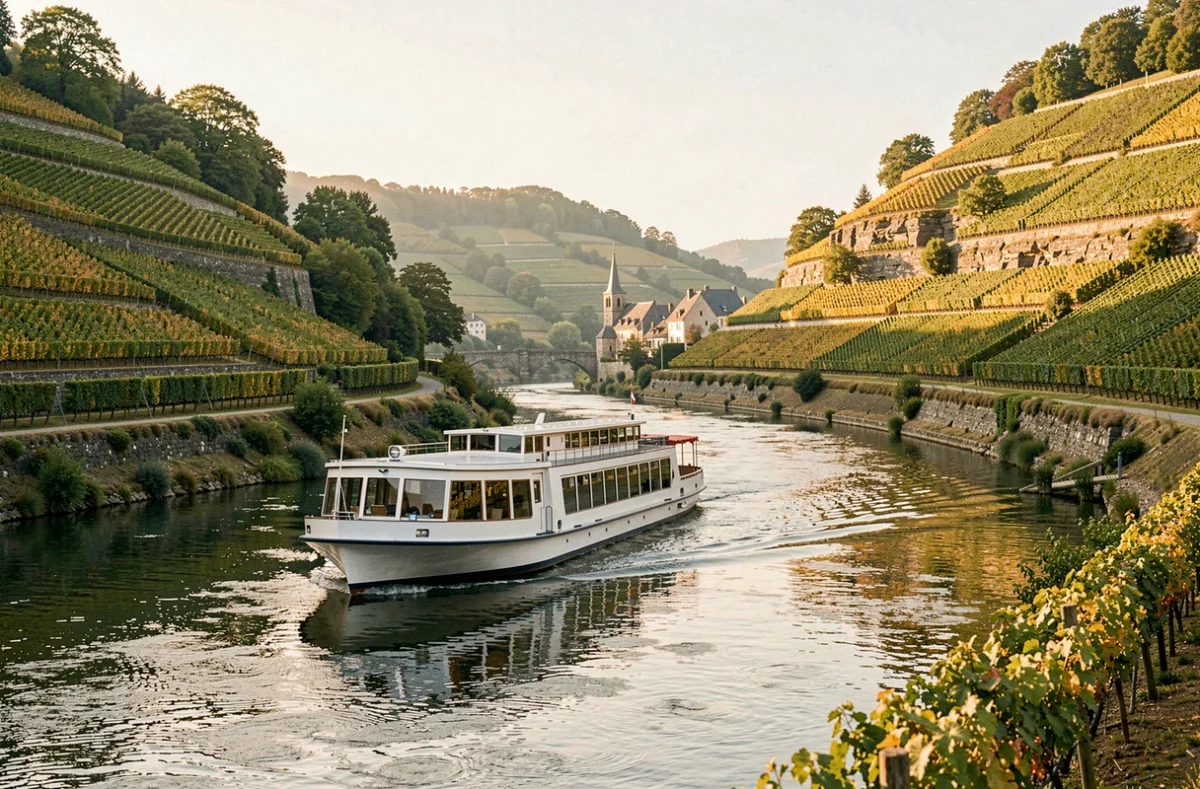 Bateau de croisière naviguant sur la Moselle entre les vignobles en terrasses et un village médiéval