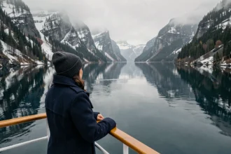 Femme en manteau de laine admirant un fjord norvégien depuis le pont d'un navire de croisière nordique