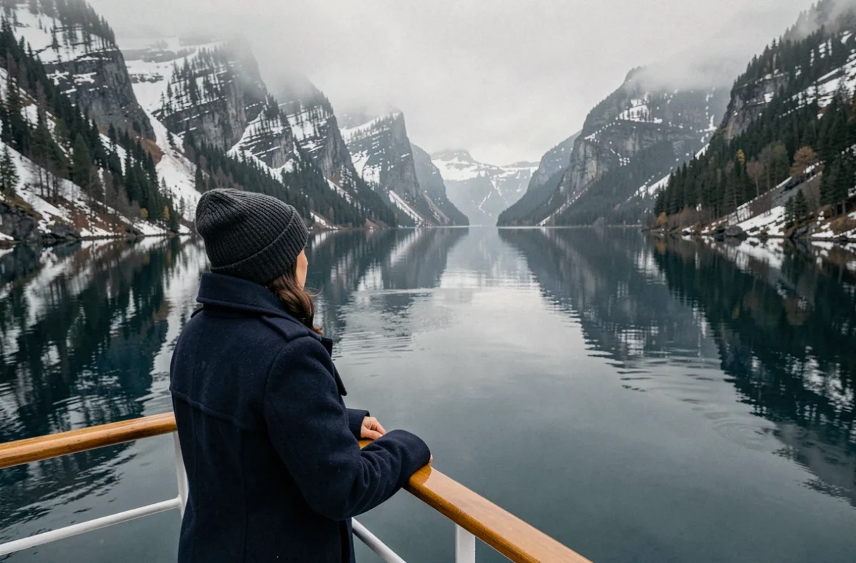 Femme en manteau de laine admirant un fjord norvégien depuis le pont d'un navire de croisière nordique