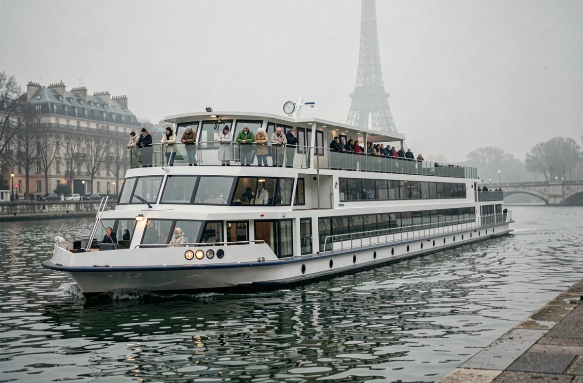Bateau de croisière fluviale naviguant sur la Seine à Paris avec la Tour Eiffel en arrière-plan dans la brume matinale