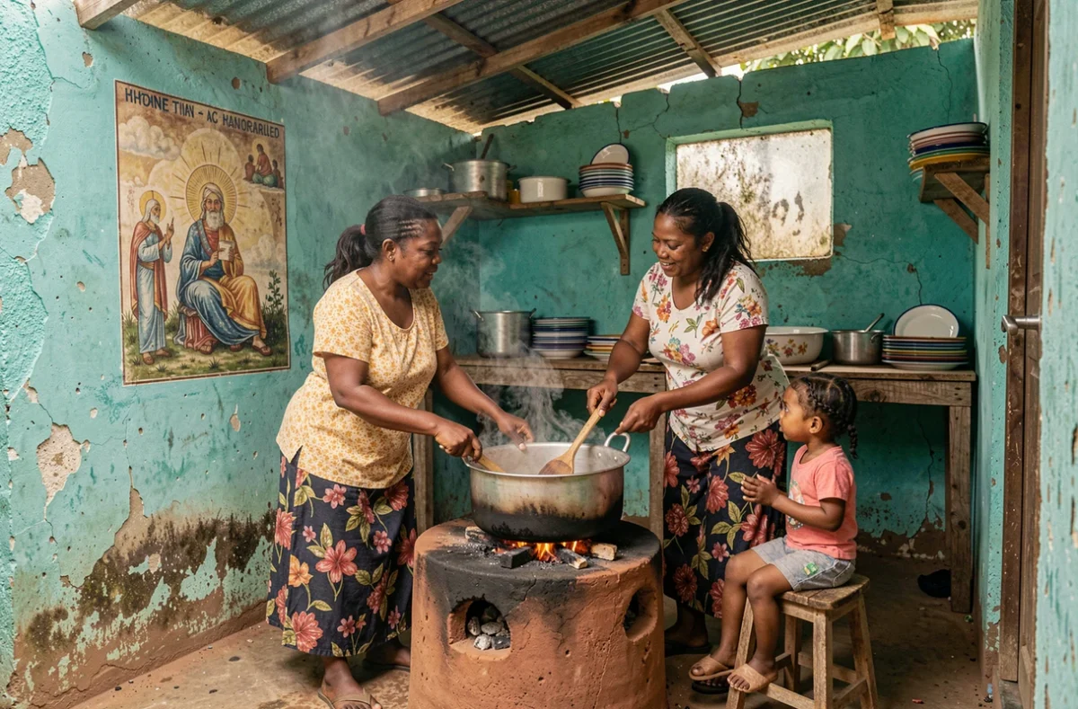 Scène de cuisine communautaire en plein air chez l'habitant dans le village de Ganere en Haïti