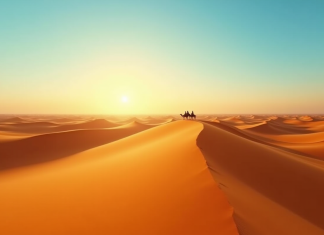 Déserts célèbres : découvrez ceux qui marquent les esprits Désert de dunes dorées au lever du soleil avec caravane de chameaux