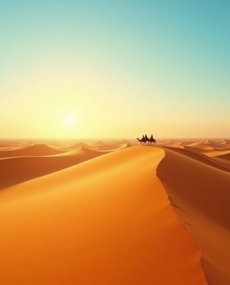 Désert de dunes dorées au lever du soleil avec caravane de chameaux