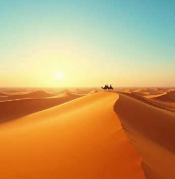 Désert de dunes dorées au lever du soleil avec caravane de chameaux