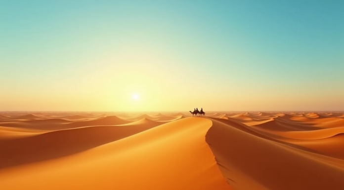 Désert de dunes dorées au lever du soleil avec caravane de chameaux