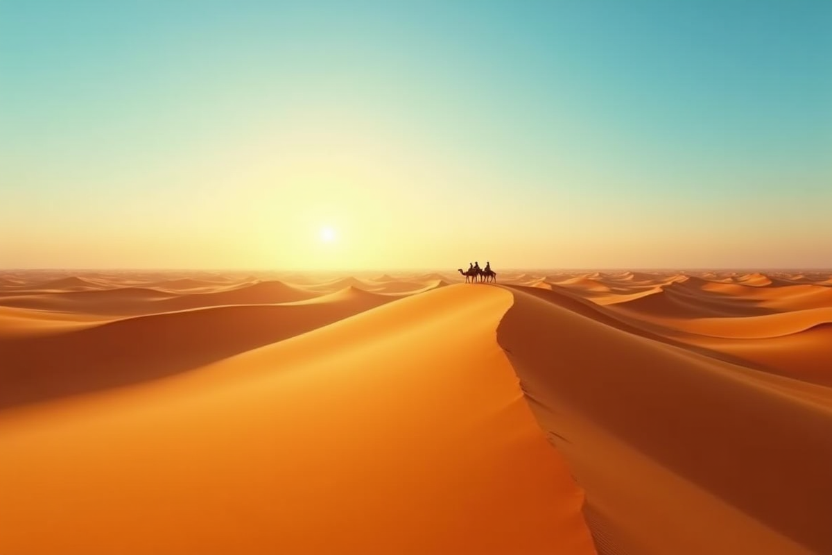 Désert de dunes dorées au lever du soleil avec caravane de chameaux