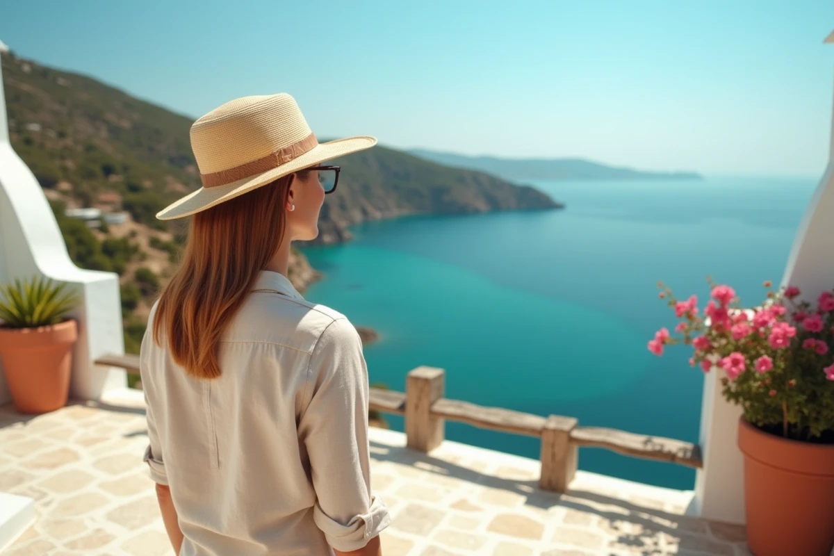 Voyageuse sur une terrasse ensoleillée avec vue sur une baie turquoise dans une île méconnue en hiver