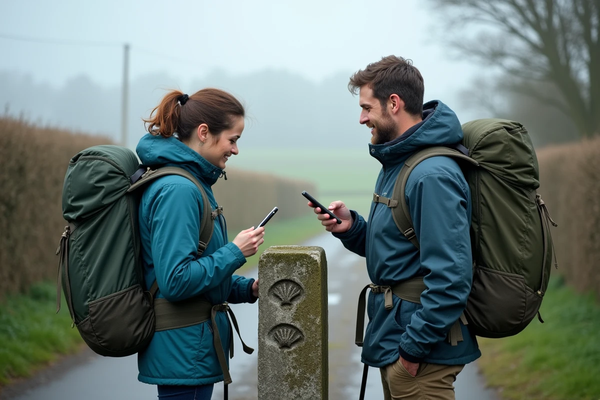 Deux pèlerins consultant une application mobile devant une borne de Compostelle en Normandie