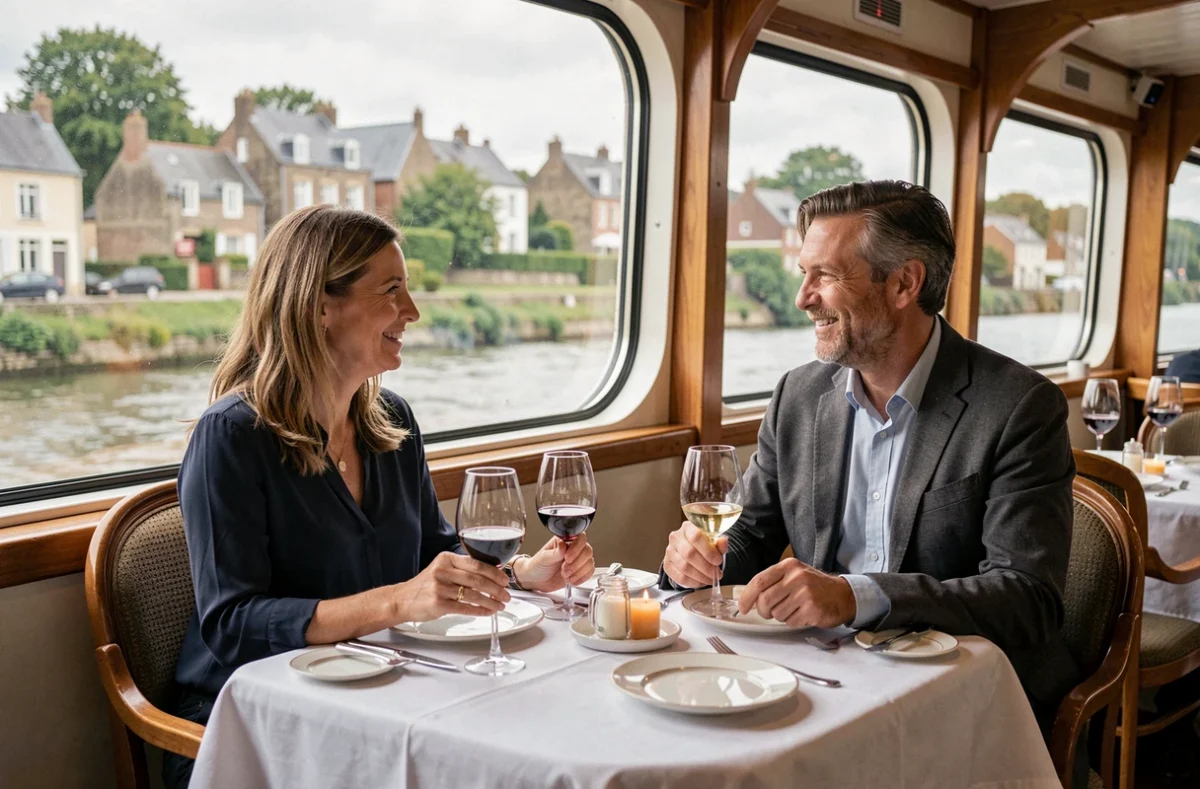 Couple dînant dans le restaurant panoramique d'un bateau de croisière sur la Seine avec vue sur les berges normandes
