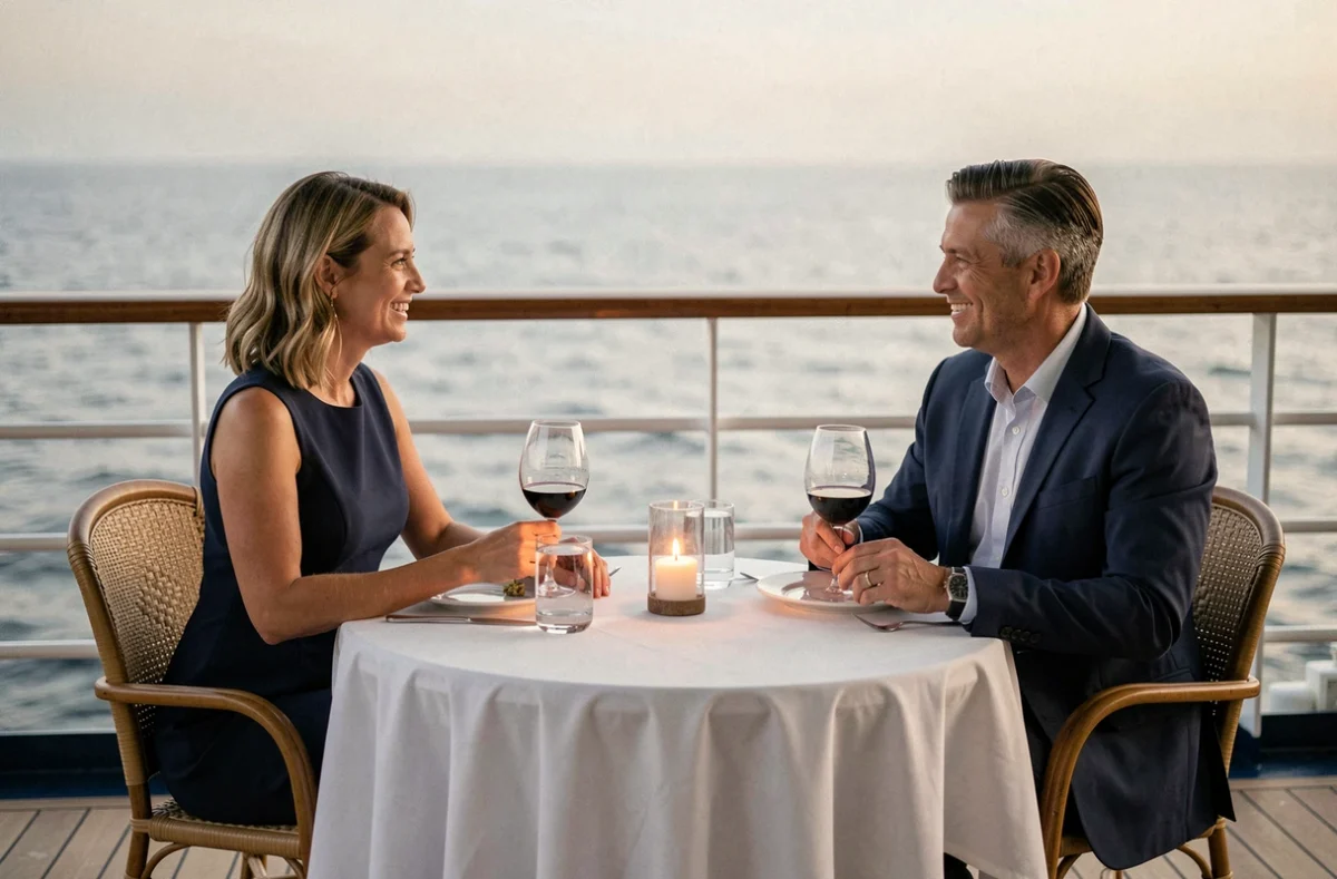 Couple savourant un dîner gastronomique en plein air sur le pont d'un navire de croisière
