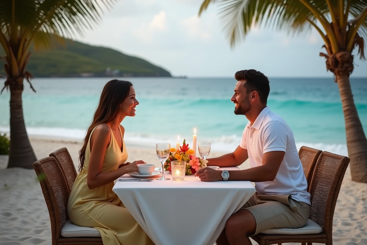 Dîner romantique en tête-à-tête sur la plage dans un hôtel de luxe en Guadeloupe pour les couples en lune de miel