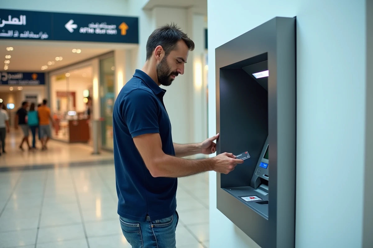 Voyageur utilisant un distributeur automatique de billets à l'intérieur du terminal de l'aéroport CMN Casablanca