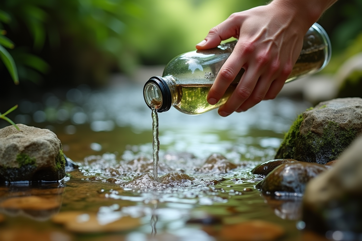 Main remplissant une bouteille d