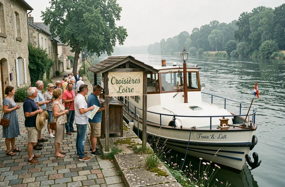 Embarcadère de croisière sur la Loire avec touristes attendant de monter à bord dans un village français