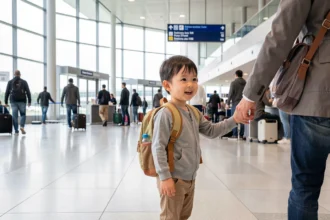 Enfant avec un sac à dos dans le hall de départ d'un aéroport