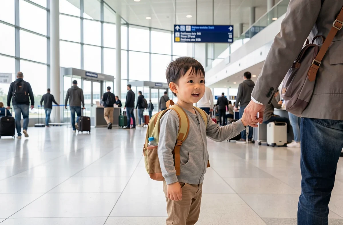Enfant avec un sac à dos dans le hall de départ d'un aéroport