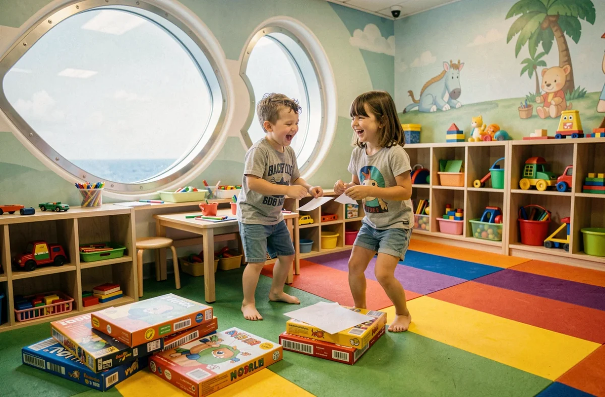 Enfants jouant dans l'espace activités d'un bateau de croisière familiale