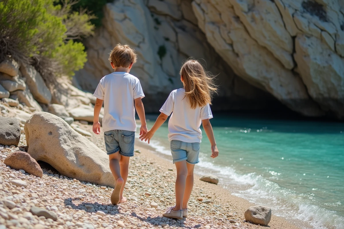 Deux enfants explorant une c&ocirc;te rocheuse &agrave; Kythira