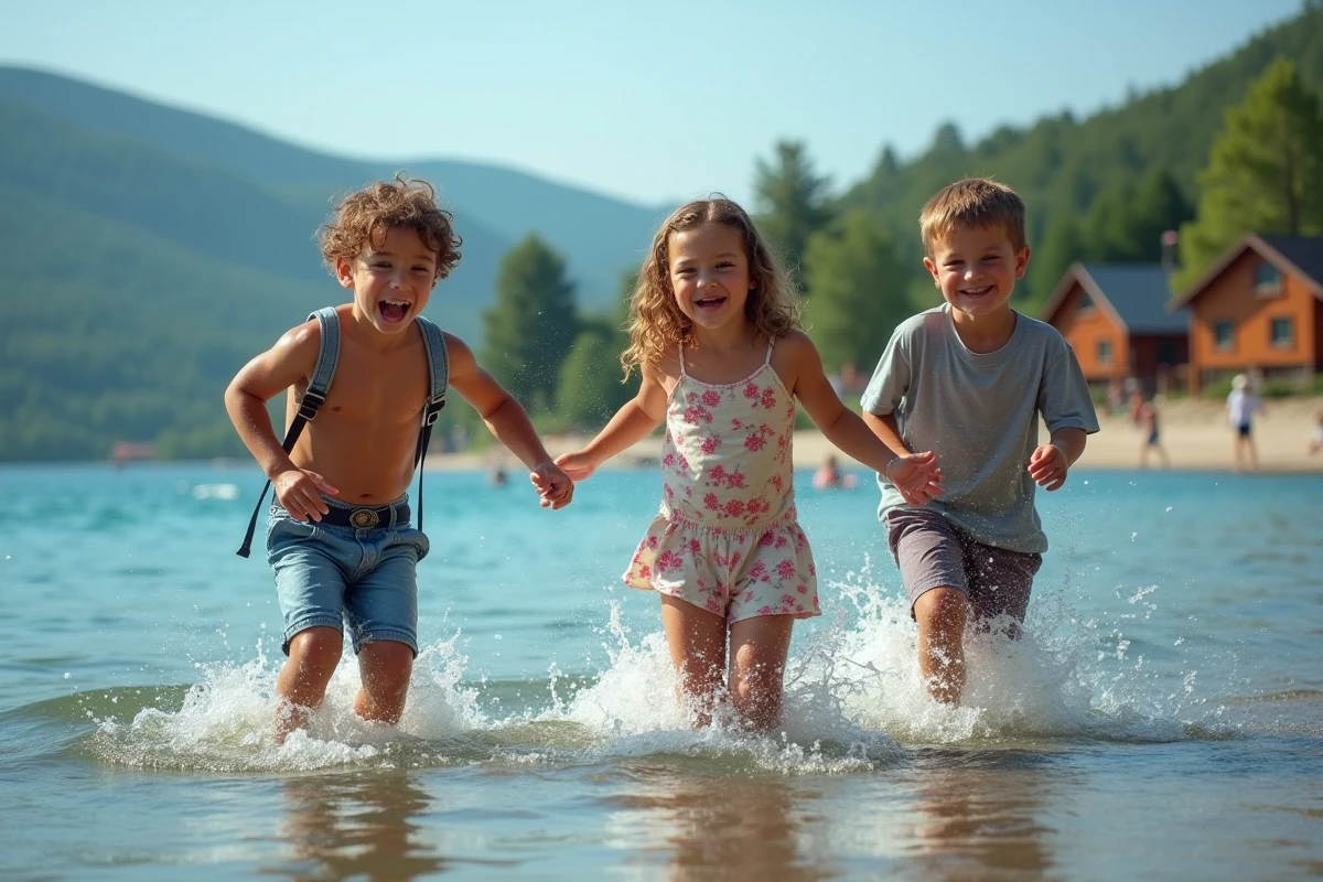 Trois enfants jouant dans un lac lors d