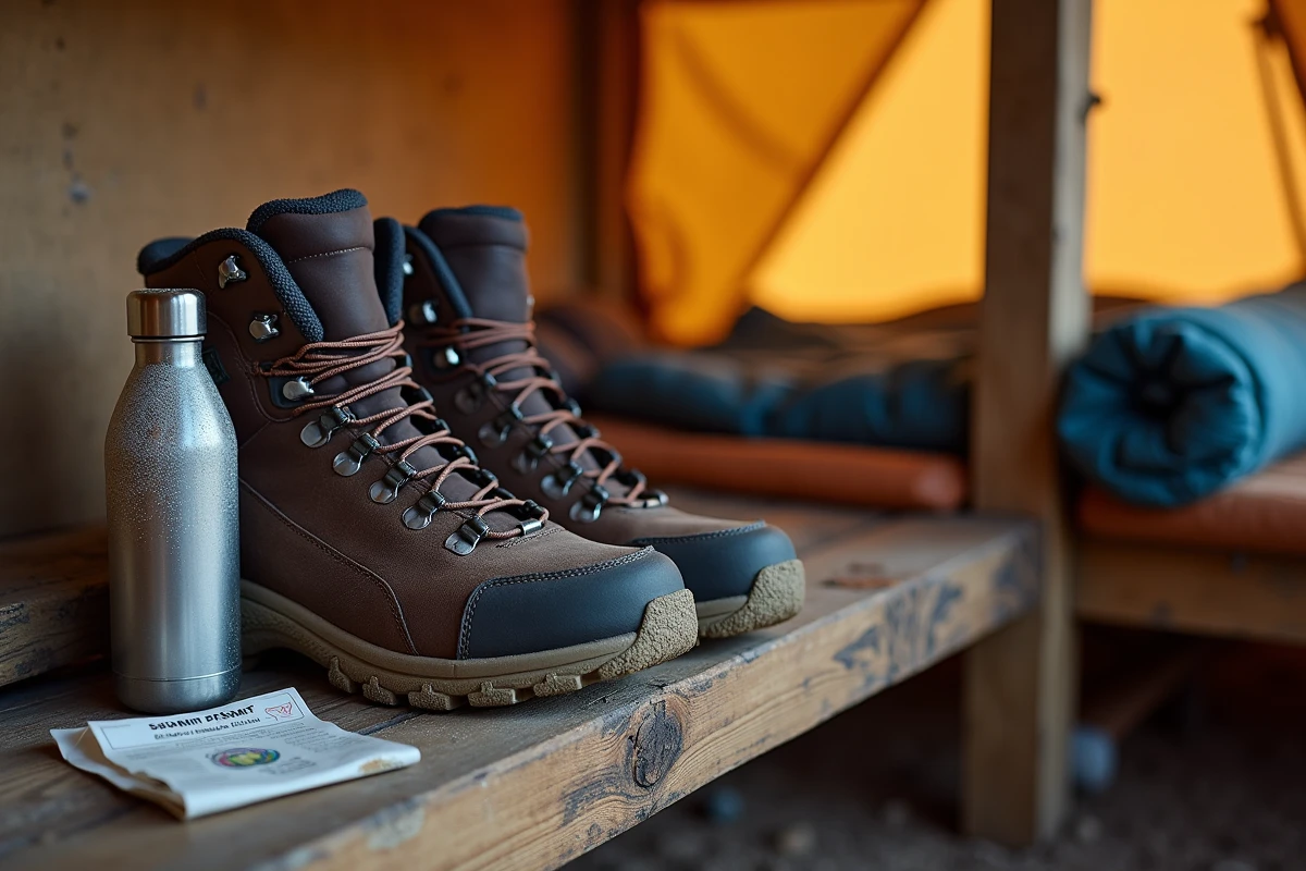 Chaussures de trek usées et équipement de randonnée posés dans un refuge de montagne sur la route du Kilimandjaro