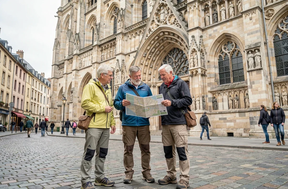 Groupe de touristes en excursion à Rouen devant la cathédrale Notre-Dame lors d'une escale de croisière sur la Seine