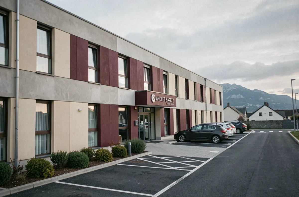 Façade extérieure de l'hôtel Ibis Budget Anglet avec parking et vue sur les montagnes basques