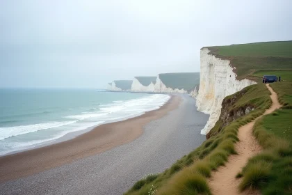 Falaises d'Étretat en Normandie avec plage de galets et mer sous ciel nuageux