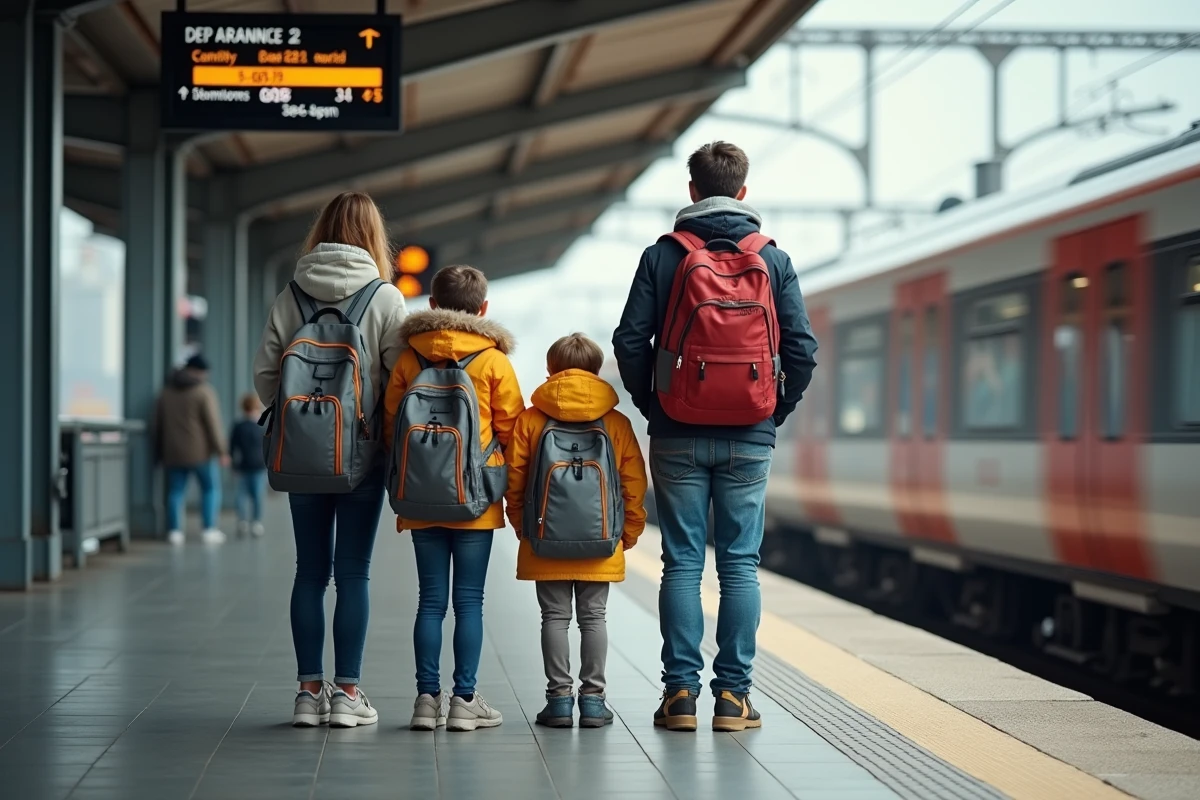 Famille sur le quai de la gare &agrave; Nantes en vacances