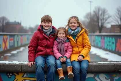 Famille souriante sur le Mur de Berlin color&eacute;